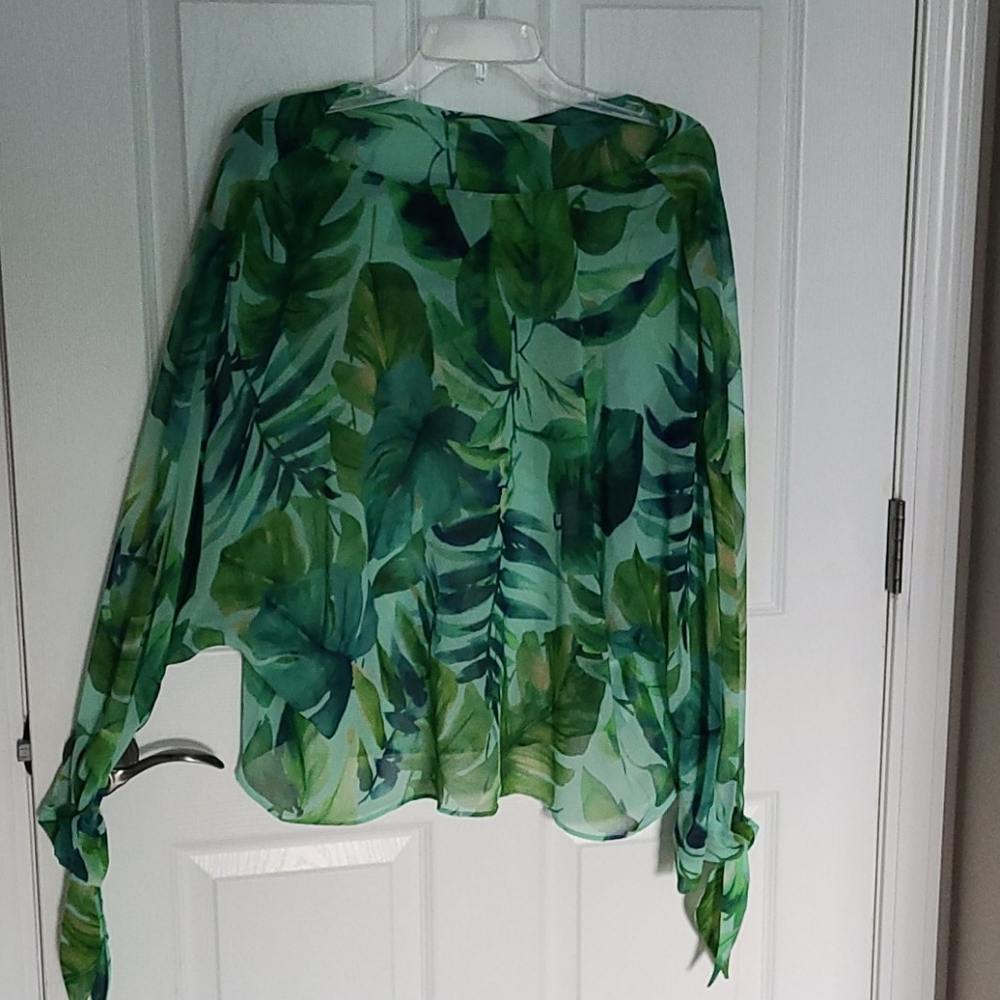 Zara XL Sheer Long-sleeved Palm Leaf Print Blouse